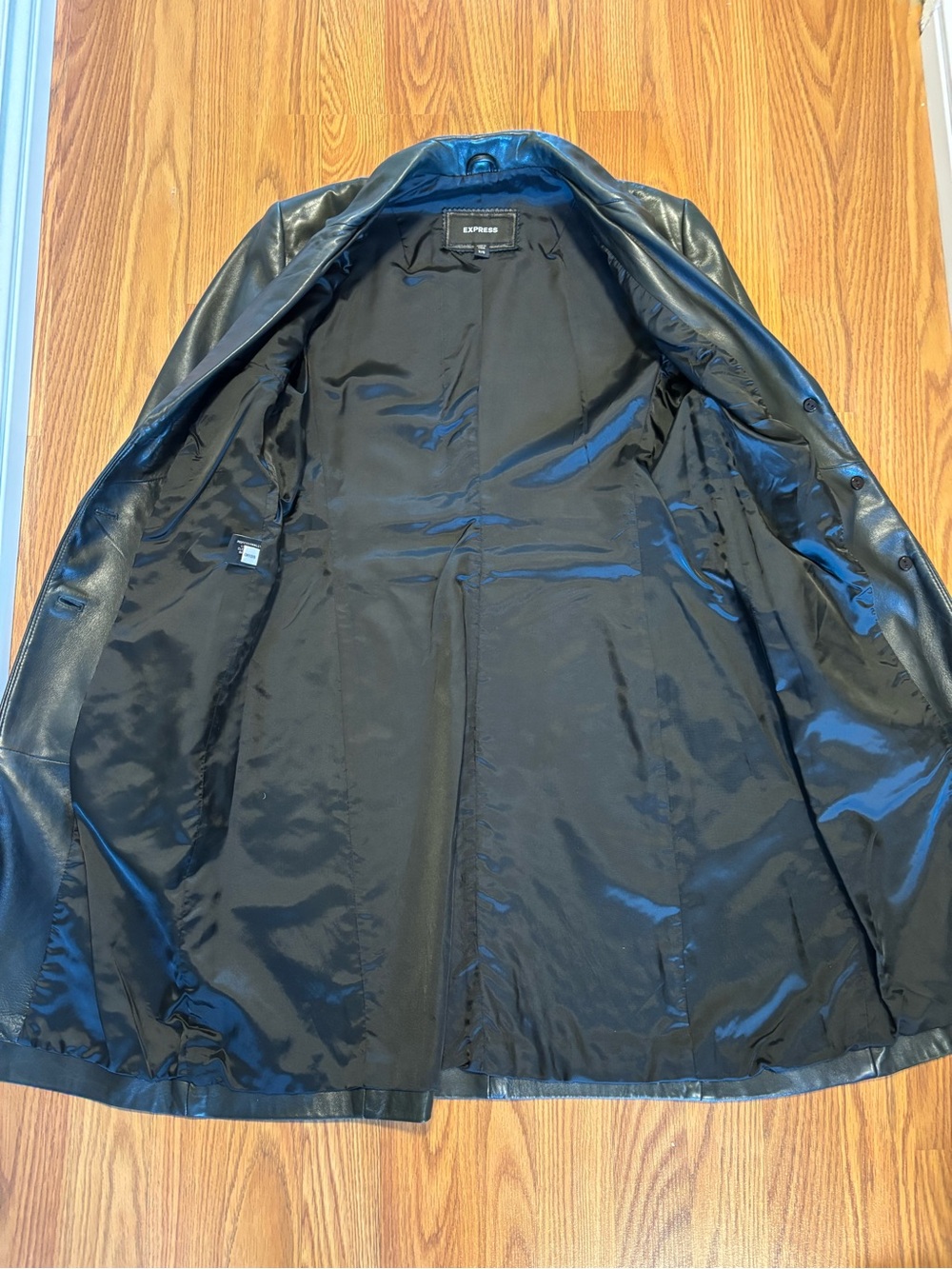 Express Dark Green Leather Longline Trench Coat - Picture 9 of 14